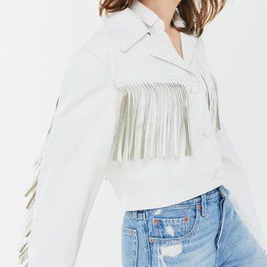 UO Mira Fringe White Faux Leather Jacket | Size M